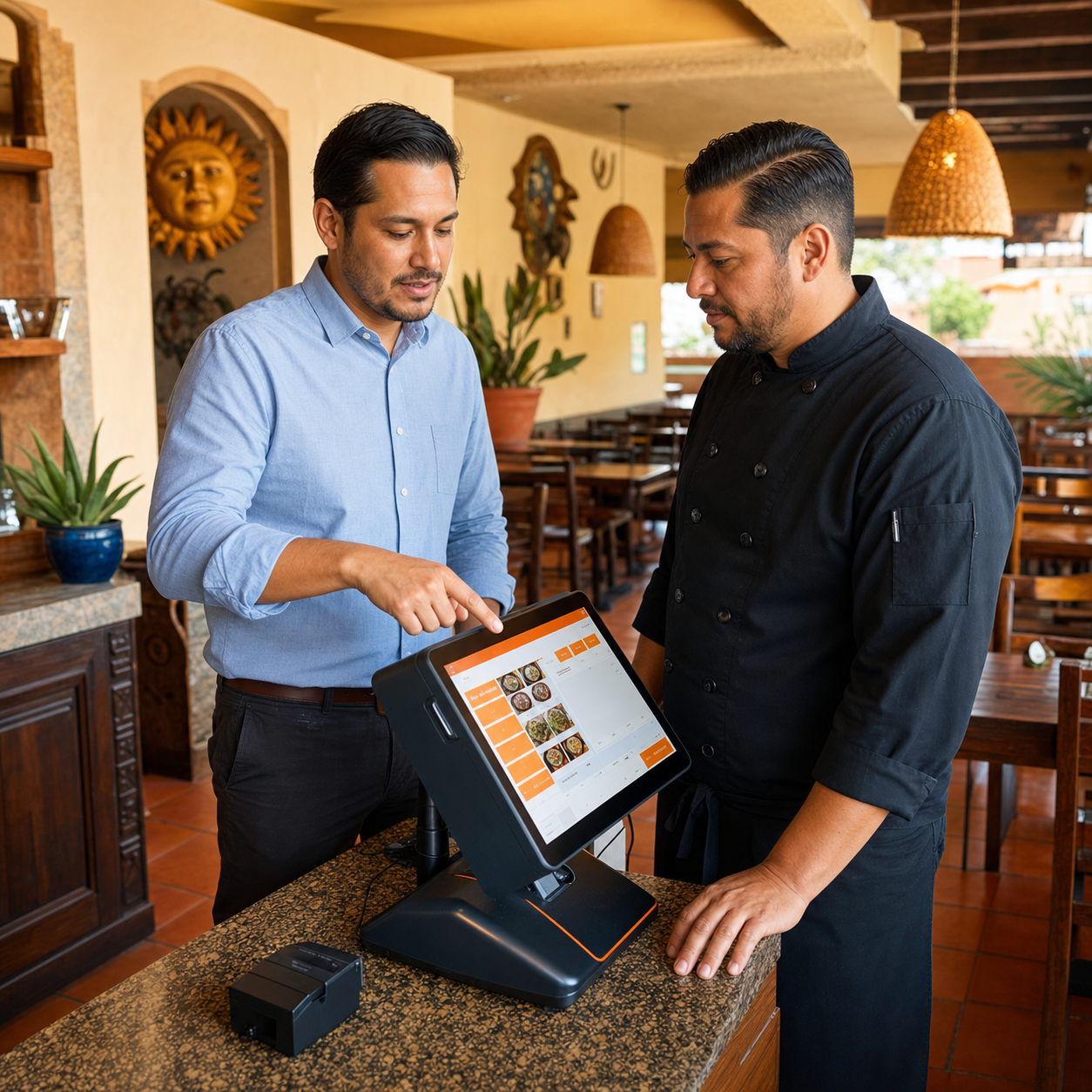 Consultor capacitando al encargado de un restaurante en el punto de venta Soft Restaurant®