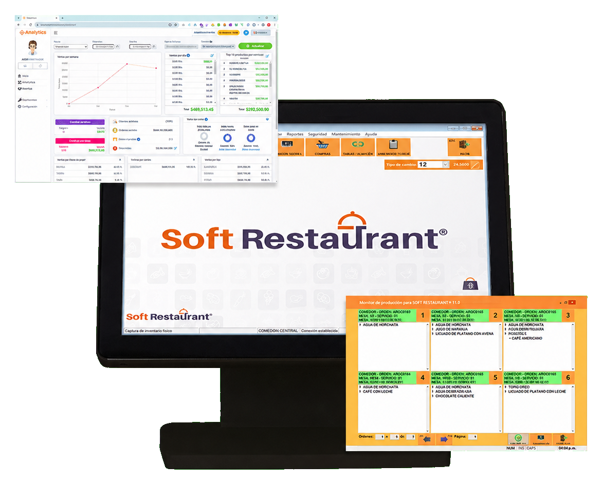 Ecosistema Soft Restaurant® con punto de venta, analytics y monitor de cocina
